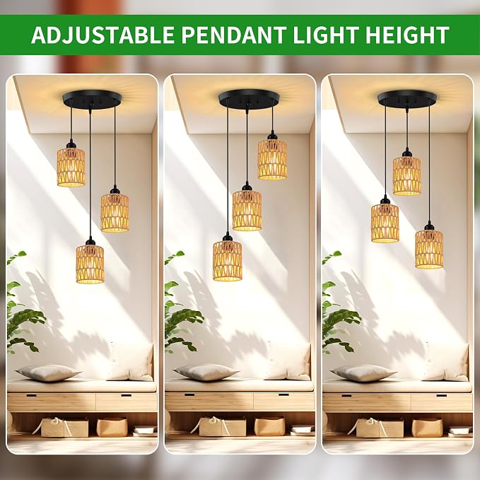 3 Light Pendant Lighting, Farmhouse Hanging Light Fixture for Kitchen Island & Dining Room, Industrial Vintage Ceiling Lamp with E26 Base, Adjustable Height, Rattan Pendant Light