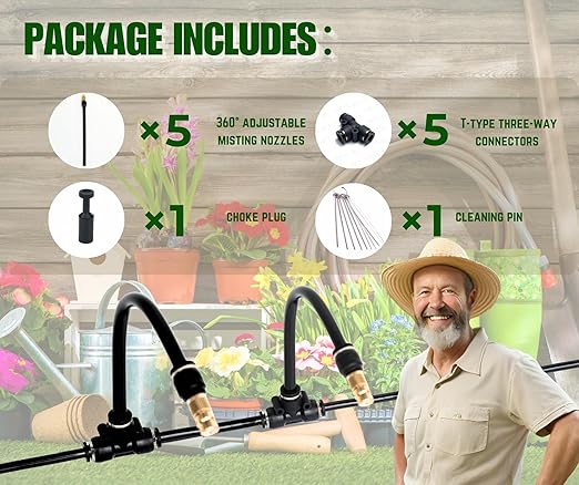 5pk Brass Misting Nozzles Tee 8 inch 360 Degree Adjustable Copper Sprayer, Compatible with1/4 trubing Hose Watering Plant Drip Irrigation Pneumatic Fittings Connection for Watering Garden(5pk)
