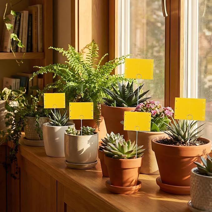50 Pcs 12 Inch Dual-Sided Yellow Fruit Fly Traps Kit Includes 25 Sticky Cards and 25 Silver Long Wire Holders Effective Insect Gnat Trap Killer for Garden Plant Indoor Pest Control Fungus Gnats