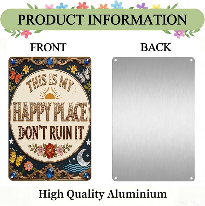 Funny Garden Signs, This is My Happy Place 2D Flat Vintage Garden Decor, Outdoor Wall Decor for Patio Yard Greenhouse Home, Waterproof Garden Gifts 8x12 Inch