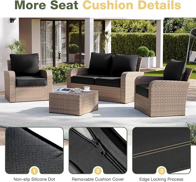 Aoxun Replacement Cushions for Outdoor Furniture, 4-Piece Outdoor Cushions for Patio Furniture, Deep Seat, Waterproof & Fade Resistant Couch Cushion for 4-Seat Patio Conversation Sets, Black