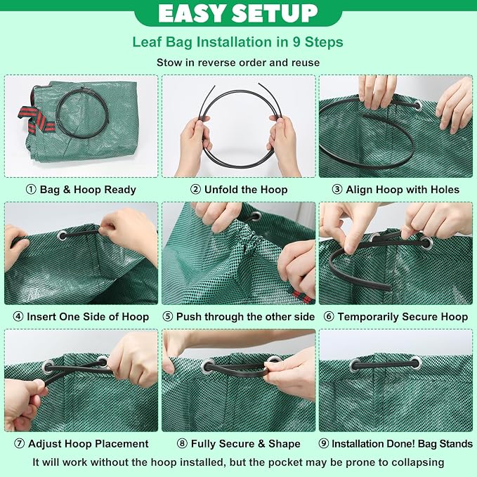 4 Pack 32 Gallon Reusable Yard Waste & Lawn Leaf Bags with Gloves - Heavy Duty Garden Trash Bags for All-Season Cleanup, Patio & Grass Clippings, Camping, Recyclable & Light Construction, Collapsible