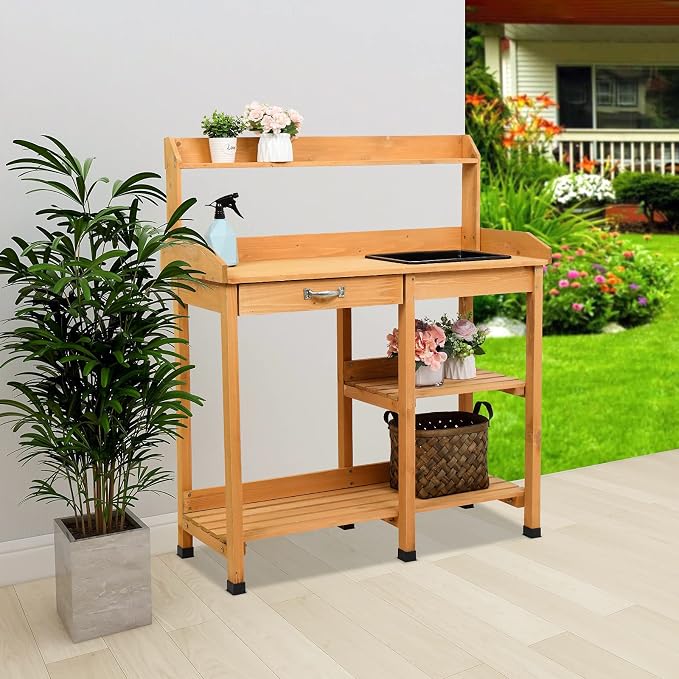 Garden Potting Bench,Wooden Garden Workbench with Storage Shelves for Patio,Backyard and Porch (Burlywood with Drawers and Sink)