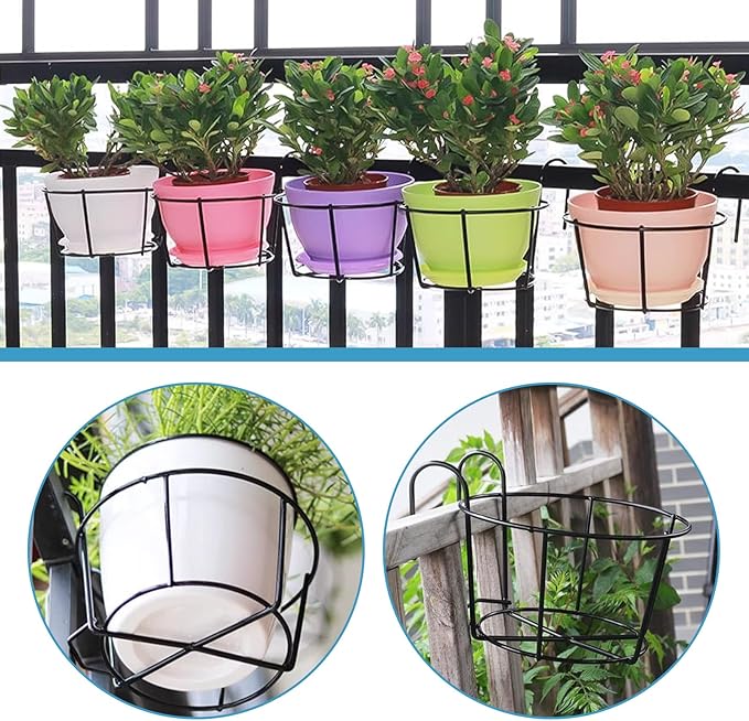 Leoenir 4 Pack Round Hanging Railing Planters - Metal Flower Pot Holder for Balcony and Fence （Black）