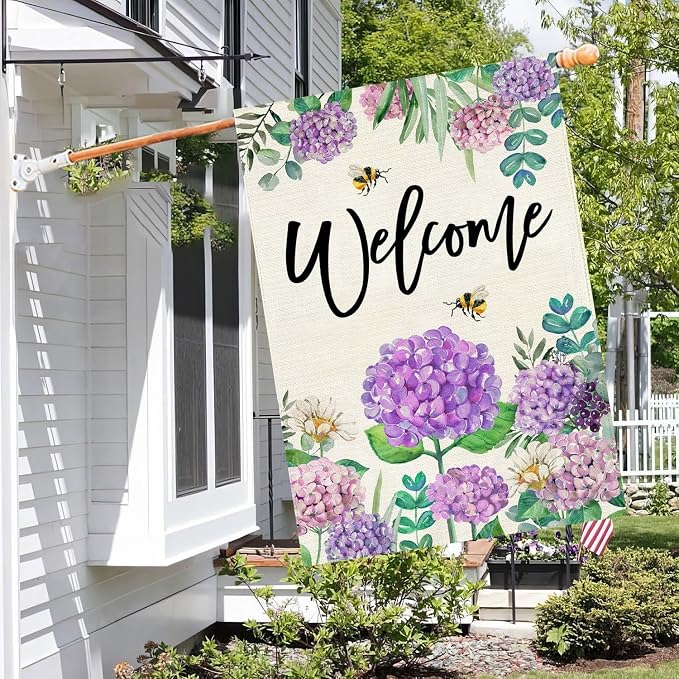 Baccessor Summer Hydrangea House Flag Double Sided 28x40 Inch, Purple Flower Floral Welcome House Flag Burlap Seasonal Farmhouse Yard Outdoor Decoration (Large)