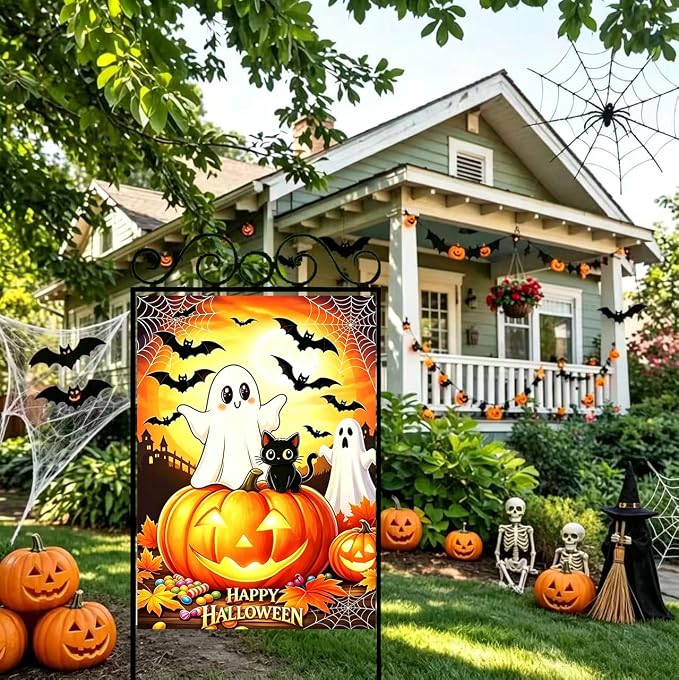 Large Halloween Garden Flags for Outside 28 x 40 Double Sided, Burlap Halloween House Flag, Large Outdoor Yard Flags Ghost Black Cat Decorations for Farmhouse Patio Front Door Porch Garden Décor