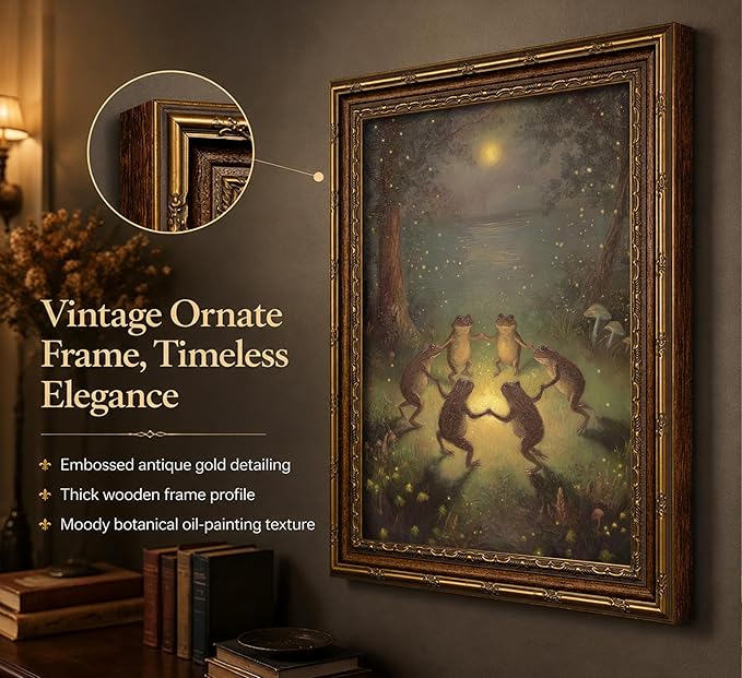 Vintage Gold Framed Frog Wall Art,Frogs Dancing in Moonlight Forest Painting Canvas Prints,Whimsical Animal Wall Decor,Retro Country Toad Poster Artwork,for Corridor Living room Bedroom Kitchen