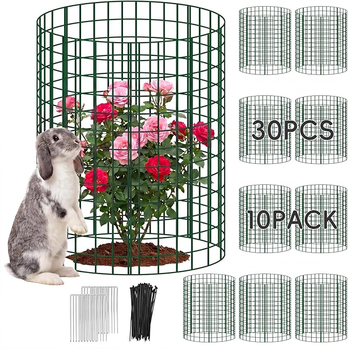 10 Packs Plant Protectors from Animals, 30Pcs 12"x 16" Large Metal Wire Mesh Garden Plant Cages for Outdoor Gardening, Chicken Wire Cloche Plant Cages for Rabbits with Zip Ties & Stakes(Green)