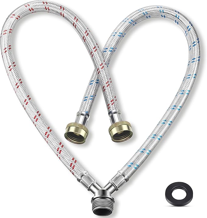 Dreyoo Hose Y Connector, 2 Ft Washing Machine Y Hose Split Stainless Steel, 3/4 Inch Brass Fittings, Hot and Cold Color Coded for Washing Machine Outdoor Faucets(1 Pcs)