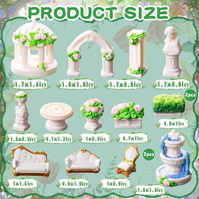 Exasinine 15 Pcs Mini Garden Furniture Ornaments, Micro Resin Patio Set with Table Chair Bench Arch Fountain Statues for DIY Fairy Garden and Home Micro Landscape Decor