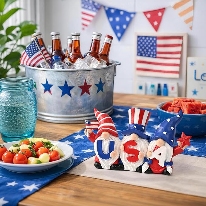 TISEJOY 4th of July Decorations Outdoor Gnomes for Memorial Day Decorations 4“, Garden Gnomes Statues, Patriotic Decorations for Home Decor, Stars and Stripes Gnomes Figurines for Living Room Garden