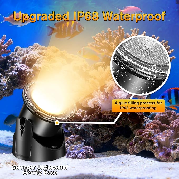 POPOSOAP LED Underwater Pond Lights 6-Head, IP68 Waterproof Pond Lights with Timer, 90° Rotatable Design & Gravity Base Fountain Lights for Pond Fountain Waterfall Aquarium Pool -P66HZ