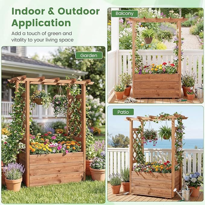 Giantex Raised Garden Bed with Sided Trellis & Roof Set 2, 31”x16”x41” Wood Elevated Planter Box, Freestanding Garden Planter Raised Bed for Flowers Herbs Climbing Vines,Brown