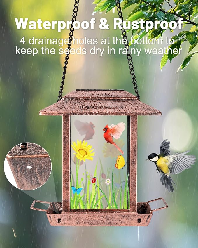 DesGully Solar Bird Feeders for Outdoors - 2.5 LBs Metal Wild Large & Small Bird Feeder for Outside Hanging, Gift Ideas for Avian Enthusiast Garden Yard Seeds (Chew-Proof, Weather Resistance)