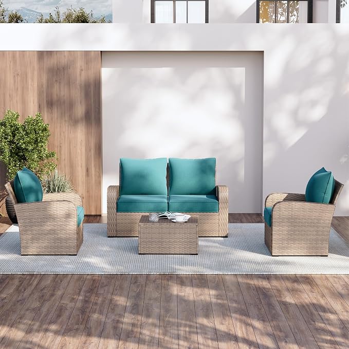 Aoxun Replacement Cushions for Outdoor Furniture, 4-Piece Outdoor Cushions for Patio Furniture, Deep Seat, Waterproof & Fade Resistant Couch Cushion for 4-Seat Patio Conversation Sets, Sky Blue