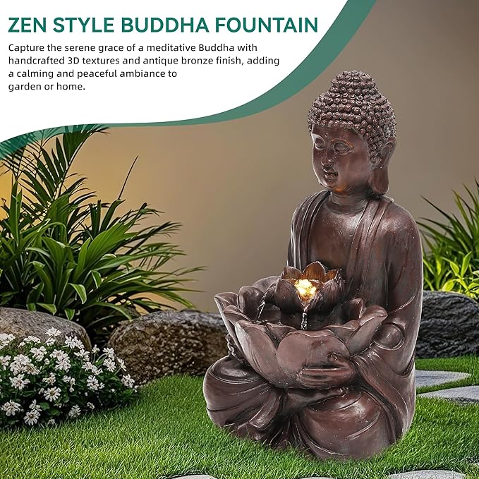 Zen Buddha Water Fountain Outdoor, 19" H Handcrafted Buddha Statue Water Feature with Soothing Waterfalls & Lights, Peaceful Oasis for Garden Patio Yard Deck Living Room Floor Tabletop Decor