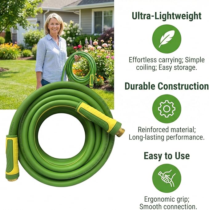 PremiumPro 75FT 5/8" Heavy Duty Reinforced Garden Hose, Large Flow,600 PSI Burst Pressure, Four Layer Hybrid Polymer Anti Kink with 360 Swivel Brass Connectors and handle for yard,washing & irrigation