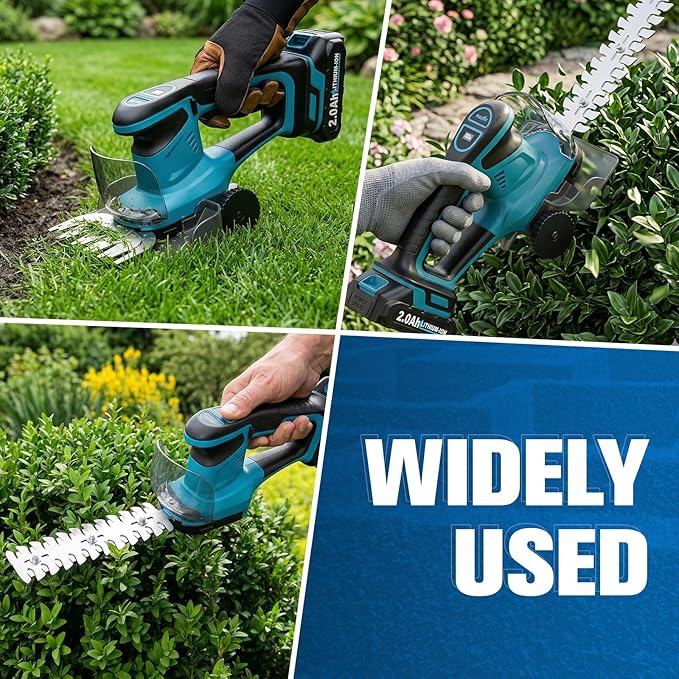 FULLYEA Electric Hedge Trimmer Cordless, 2-in-1 Shrub Trimmer & Grass Shear, Lightweight Bush Trimmer with 2 Blades & 2 * 2.0Ah Batteries, Handheld Grass Trimmer, Battery Powered Hedge Cutter (Blue)