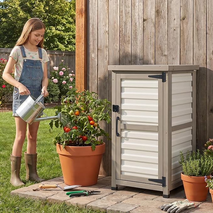 Small Outdoor Storage Cabinet with Waterproof Metal Top, White Wood & Plastic Potting Bench Table with Removable Shelf, Outside Cabinets Work Station for Patio, Balcony,17.9''x17.9''x33.5''