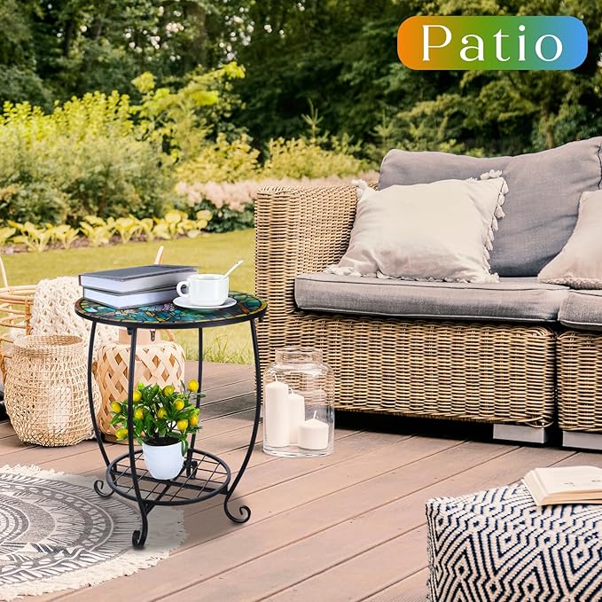 Cinnvoice Outdoor Side Table Round Small Mosaic Patio Accent Indoor End Plant Coffee Tea Table for Yard Patio Porch Garden Living Room, Bedroom(Butterfly Style,18 Inch)