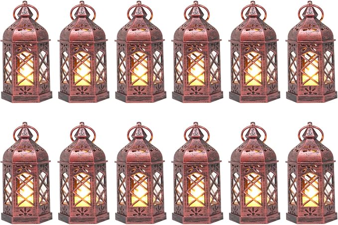 12PCS Mini Lantern with Flicker LED Candle for Halloween Decorations, Small Lanterns Decorative, Vintage Hanging Moroccan Lantern for Wedding Halloween Christmas Decor, Table Centerpiece, Rose Gold