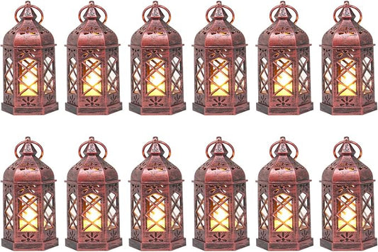 12PCS Mini Lantern with Flicker LED Candle for Halloween Decorations, Small Lanterns Decorative, Vintage Hanging Moroccan Lantern for Wedding Halloween Christmas Decor, Table Centerpiece, Rose Gold