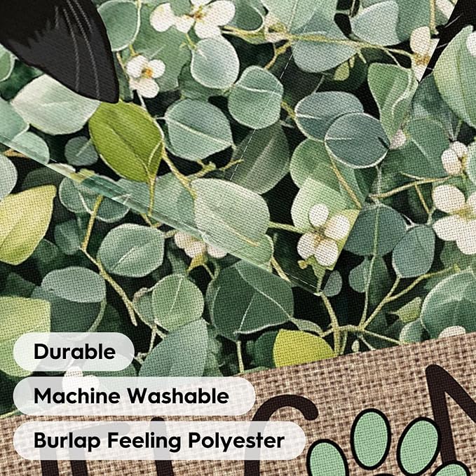 AVOIN colorlife Spring Summer Floral Garden Flag 12x18 Inch Double Sided Outside, Eucalyptus Black Cat Welcome Seasonal Yard Outdoor Flag