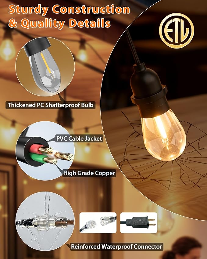 Outdoor String Lights With Lighted Tubing 48 ft, Commercial Grade String Lights with 16 (15+1spare) S14 Edison Bulbs & 144-LED Lighted Tubing, IP65 Waterproof Bistro Light for Patio, 2700K Warm White