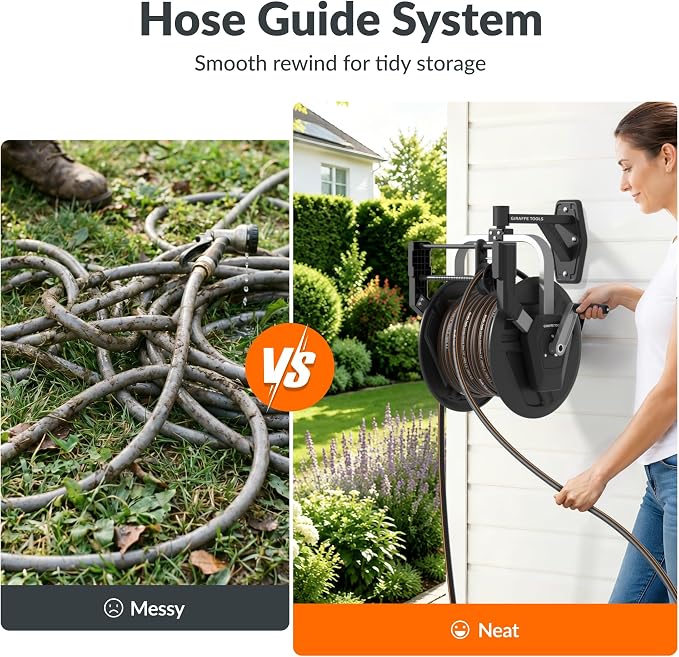 Giraffe Tools Garden Hose Reel Wall Mount, 125FT 5/8" Hose Capacity, Heavy Duty Water Hose Reel for Outside, Retractable Hose Guide with Crank, 210° Swivel, for Yard Lawn Garage