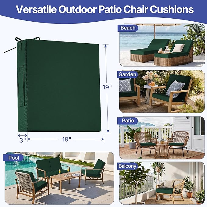 Outdoor Chair Cushions Set of 4 for Outdoor Patio Furniture, Waterproof Patio Seat Cushions with Handle & Ties, 3 Year Color Fastness Square Garden Sofa Couch Pads, 19" x 19" x 3", Dark Green