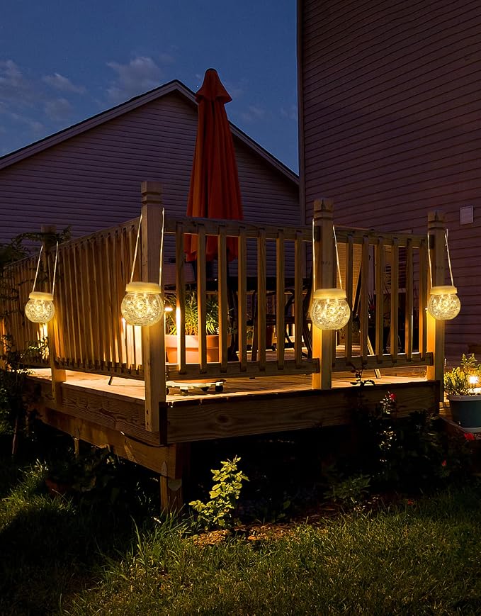 Solar Lantern Solar Lights Outdoor Waterproof 6-Pack, Solar Powered Hanging Lights Cracked Glass Hanging Globes for Christmas Decoration, Shepherd Hook, Garden Tree Ornaments, White Cap, Warm White