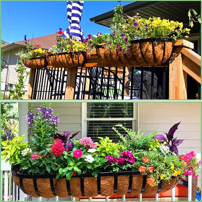 LCHUANG Railing Planter Window Box - 4 Pack 30 Inch Deck Balcony Rail Planter with Coconut Coir Liner, Fence Metal Hanging Flower Planter Basket Deck Railing Planter Boxes for Outdoor Garden