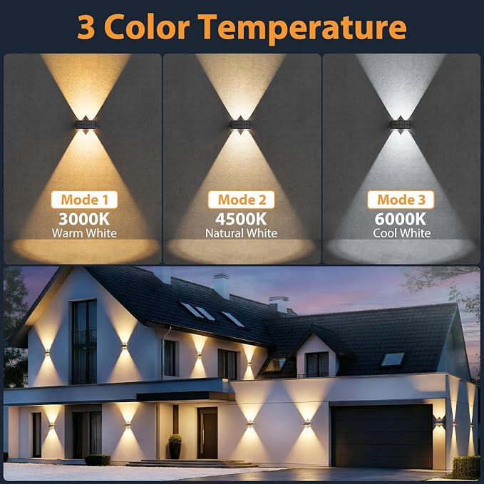 2PACK Solar Sconce Lights Outdoor,Warm White/Cool White/Natural Light 3 Modes Up and Down Solar Wall Lights IP65 Waterproof Solars Lights Outdoor for Exterior Front Porch Garage Fence Patio Yard