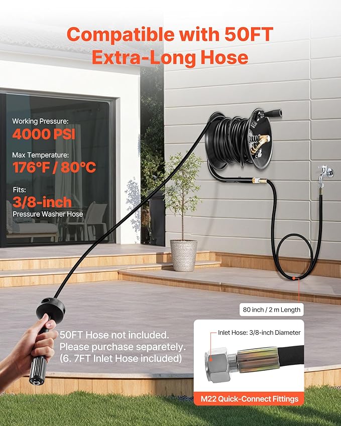 VEVOR Pressure Washer Hose Reel, 50 ft x 3/8 inch Heavy-Duty Steel Bracket-Mounted Pressure Hose Reel, Wall/Floor/Truck Mount, 4000PSI Max, Manual Power Hand Crank for Car/Floor Washing,Garden