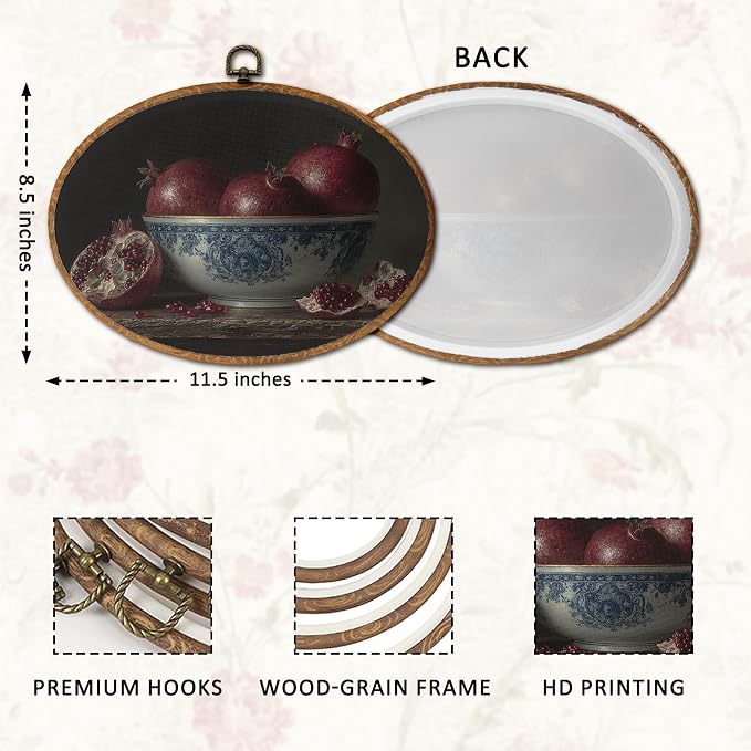 DOFQZ Vintage Moody Pomegranate Oval Wall Art Decor, Dark Cottagecore Fruit Red Garnet Framed Wall Art, Farmhouse Pomegranate Walls Hanging Decor for Kitchen Dining Room, 11.5x8.5 Inch