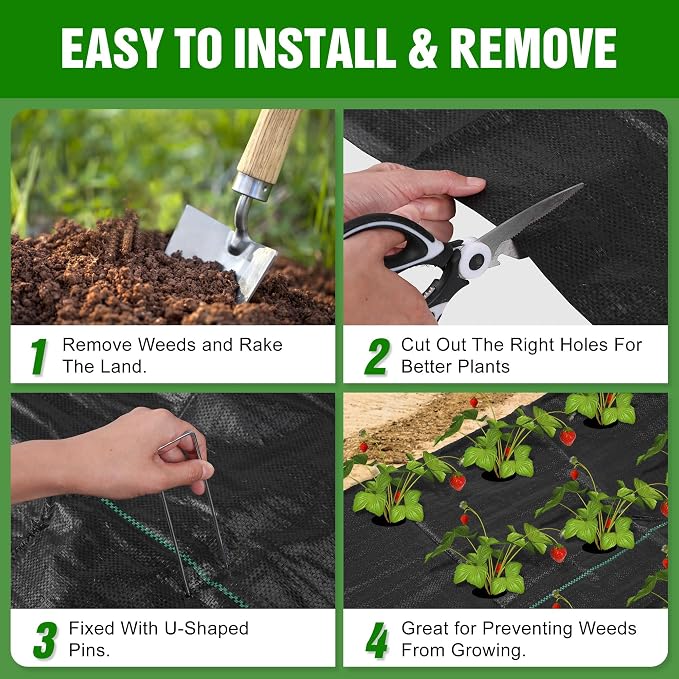 4FT x 50FT Weed Barrier Landscape Fabric Heavy Duty, 3.2oz Premium Gardening Weed Control Mat with 20 U-Shaped Securing Pegs, Ground Cover for Garden Beds, Farming, Underlayment, Commercial Driveway