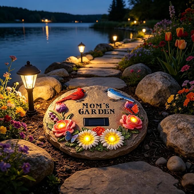 Stepping Stones Outdoor Solar Lights for Mother's Day with Cardinal Robin Birds Flowers and Mom's Garden Signs, Garden Gifts for Mom Resin Path Light with 4 LED Lamps for Walkway Yard 10 Inch