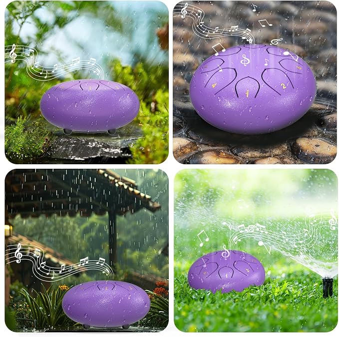 Rain Drum for Outside Garden, 6 Inches 8 Notes Steel Tongue Drums, Waterproof Meditation Echo Rain Chime, Musical Instruments for Adult Gift with Bag, Music Book, Mallets (Purple)