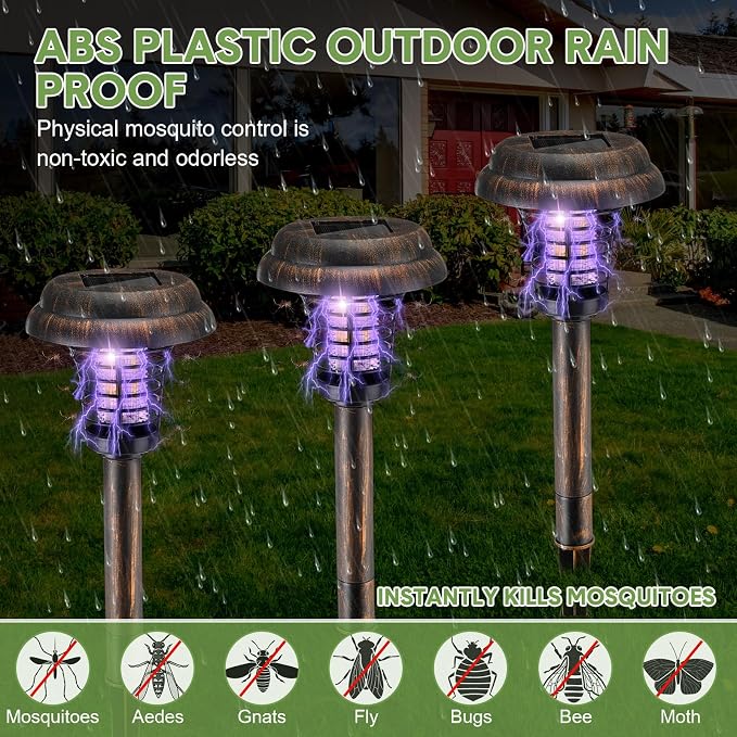 Qualirey 4 Pcs Solar Bug Zapper Waterproof Outdoor Mosquito Zapper Killer and Lighting Repellent Lamp for Indoor Outdoor Use Garden Patio, Purple and White Light(Plastic,Bronze)