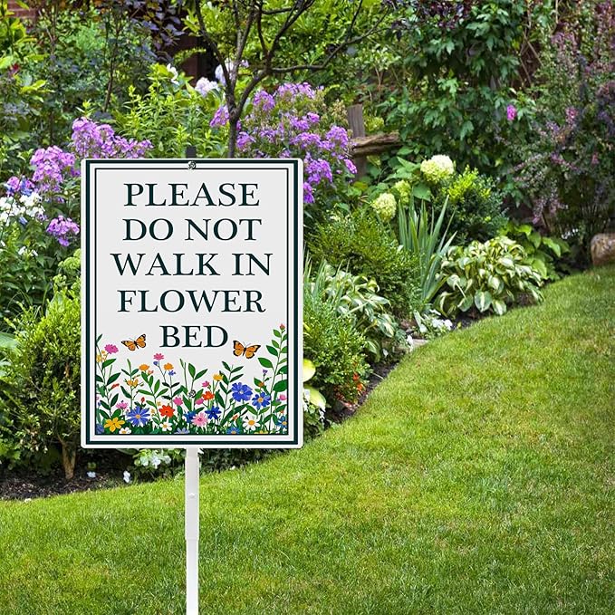 Please Do Not Walk in Flower Bed Yard Sign With Stakes Stay Out of Flowers Signs Keep Off Wildflower Pollinator Habitat Reflective Rustproof Aluminium Garden Stake Outdoor 8X12 IN