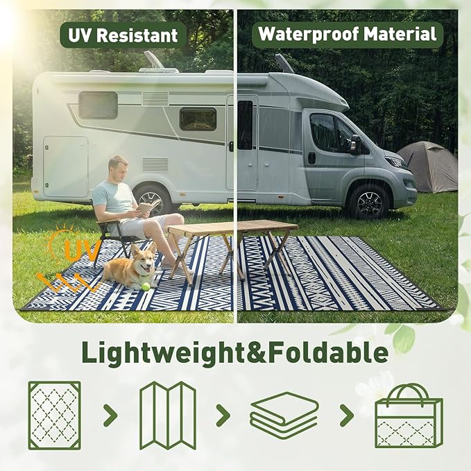 MontVoo Outdoor Rug 8x10 Waterproof Outdoor Patio Rug Mat Reverisble Plastic Straw Outdoor Rug for RV Camping Picnic Beach Balcony Boho Navy Blue