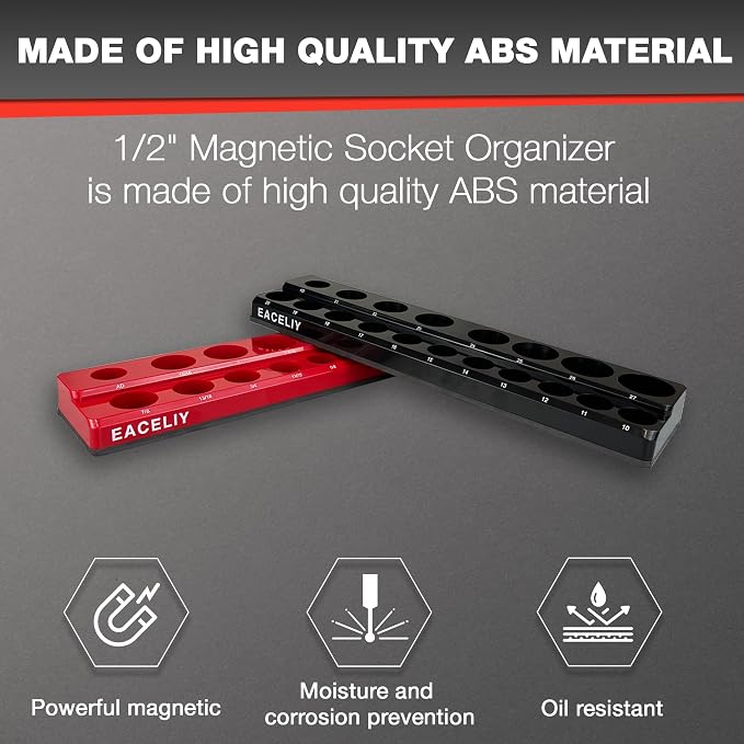 EACELIY 1/2" Magnetic Socket Organizer Set, 2-Piece SAE & Metric Socket Holder Kit,，Tools tray， holds 35 Deep and Shallow 1/2" Sockets, attaches to steel box/tool cart (sockets not included)