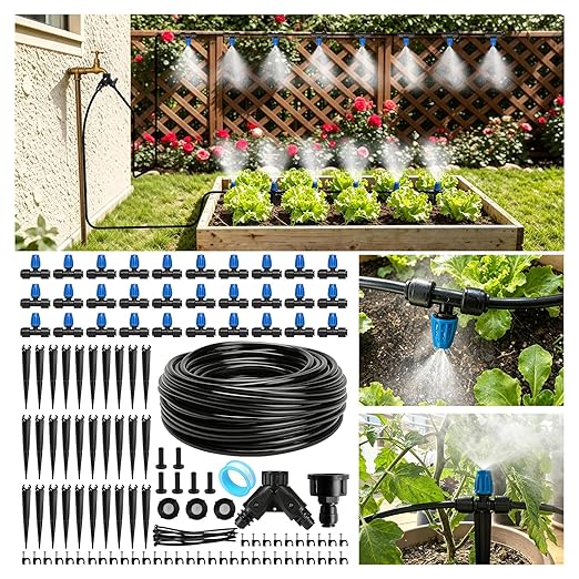 Riboud 165FT Drip Irrigation Kit, Quick-Connect Garden Watering System with 30 Adjustable Misting Nozzles for Garden Greenhouse, Hanging Plants, Raised Beds