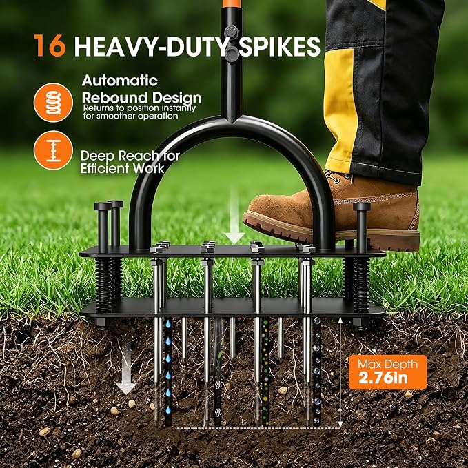 Lawn Aerator Tool, Manual Core Aerator for Lawn with 16 Spikes Spring Base, Automatic Soil Ejection, Pre-Assembled Yard Grass Aerator, Metal Grass Aerator for Yard