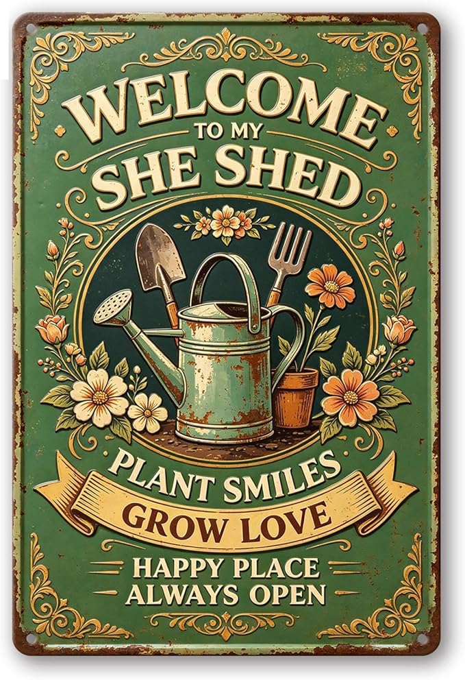 2D Flat Funny Garden Signs, Welcome to My She Shed Vintage Garden Decor, Outdoor Wall Decor for Patio Yard Greenhouse Home, Waterproof Garden Gifts 8x12 Inch
