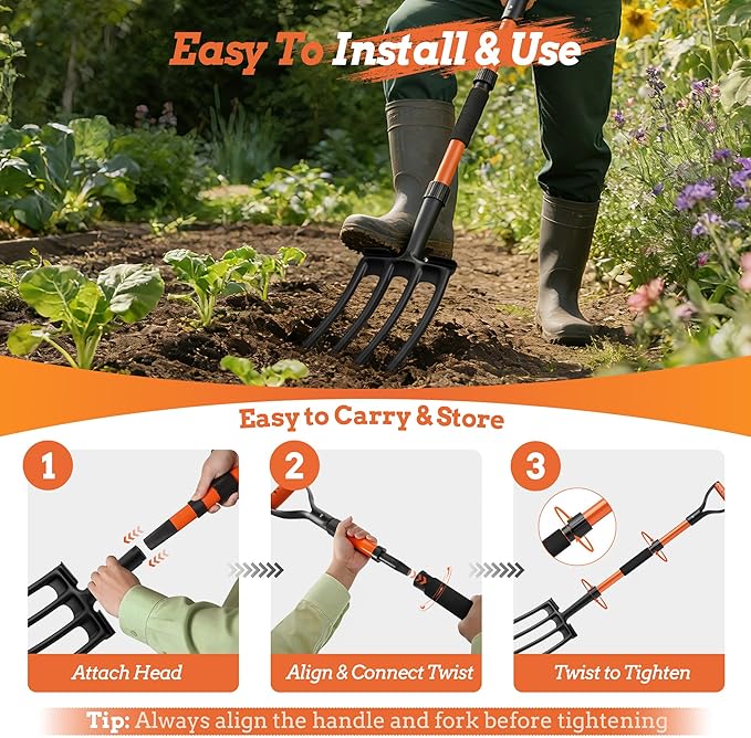 Garden Fork for Digging, 4-Tine Pitch Fork with Foot Step, Ergonomic Y-Handle & Comfortable Grip, Lightweight Durable Pitchfork for Soil Loosening, Compost, Mulch, Weeding & Potato Harvest - 43 Inches
