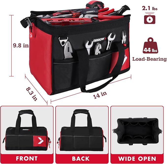 ARROW 14" Heavy Duty Tool Bag with Anti-Slip Feet, Tool Organizer Bag with Reflective Band, 840D Oxford Fabric, Multiple 11 Pockets, Soft Tool Bag for Men Women Electrician Mechanic Plumber HVAC