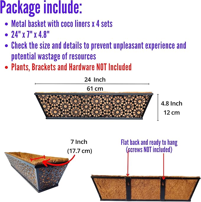 LaLaGreen Window Planter Boxes Outdoor (24 Inch, 4 Pack) Large Fence Hanging Planters Outdoor Plants, Metal Deck Railing Flower Box with Coco Liner, Modern Horse Troughs Balcony Pots Patio Porch Rail