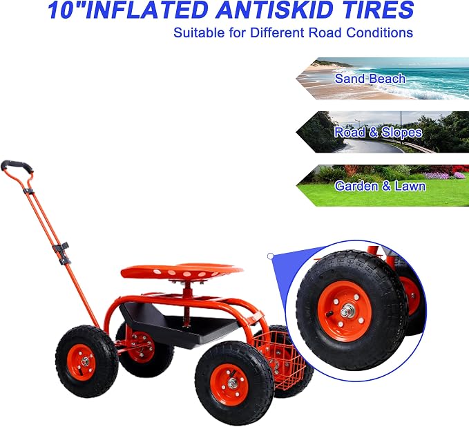 Heavy Duty Garden Cart Rolling Scooter with Adjustable Swivel Seat, 360° Rotation, 10" Pneumatic Tires, Extendable Steering Handle & Tool Basket – Outdoor Yard Gardening Seat with Storage Tray (Red)
