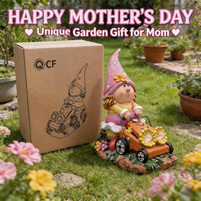 Solar Garden Gnomes Decor for Yard, Fairy Sunflower Lawn Mover Statue | 8inch Height, Lighting 8-10 Hour, Waterproof Outdoor Figurine Lights, Face-revealing, Heart Hat, Pink Gifts for Women